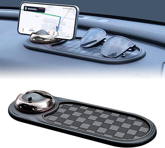 Universal Anti-Slip Car Dashboard Mat with 360° Rotating Phone Holder – Multi-Functional Organizer Pad for Phones, Sunglasses, Keys, and Daily Essentials (Gray Silver)