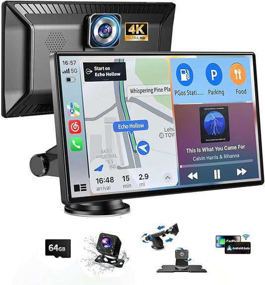 9″ Wireless CarPlay and Android Auto Touchscreen – 4K Front Dash Cam with 1080P Rear Backup Camera DVR, GPS Navigation, Voice Control, Bluetooth Music, Parking Assist, Universal Fit