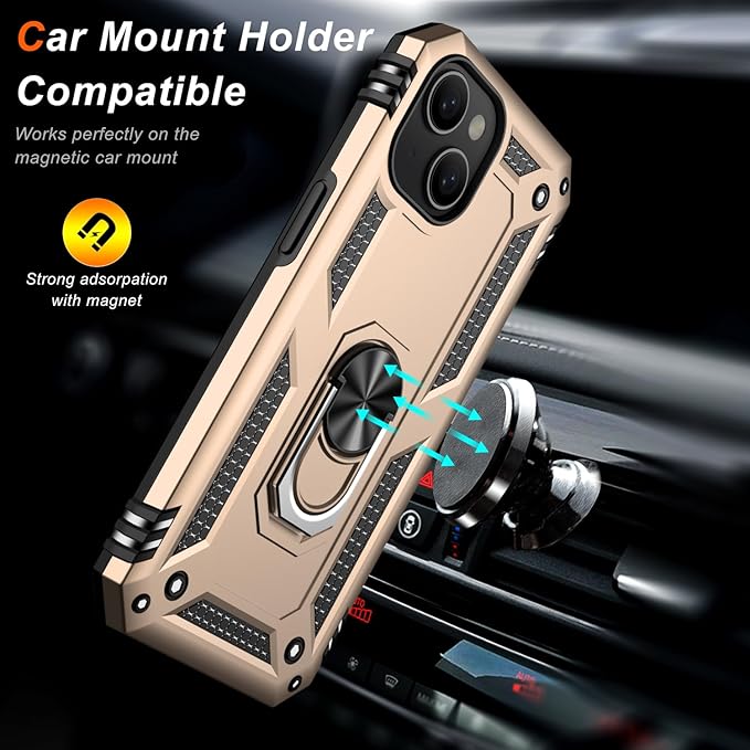 IKAZZ for iPhone 13 Case 6.1 Inch with Screen Protector,Military Grade Shockproof Heavy Duty Protective Phone Cover Pass 16ft Drop Test with Magnetic Kickstand Car Mount Holder,Gold