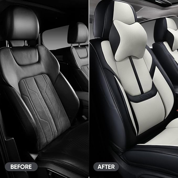 Auto Car Seat Covers Accessories Full Set Leather Cushion Protector Breathable Waterproof Seat Cover for Cars Universal Fit (Black&White, Front Pair and Rear)