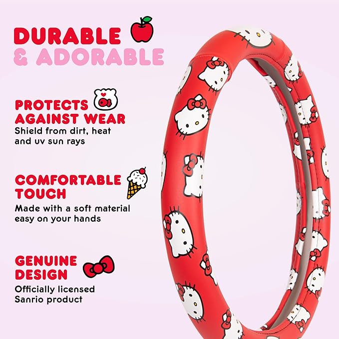 Sanrio Hello Kitty Red Steering Wheel Cover, Universal Fit Cute Car Accessories for Women Stylish SUV, Truck Decor Gifts - Fits Standard Wheels 14.5"-15" (Hello Kitty Red)