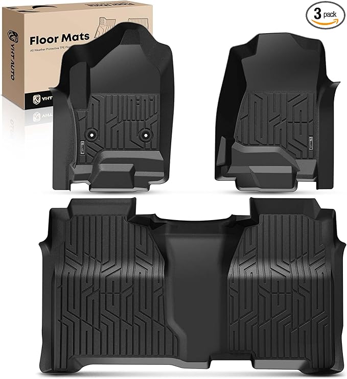 YHTAUTO Floor Mats Fit 2014-2018 Chevy Silverado/GMC Sierra, 2015-2019 2500HD/3500HD Crew Cab, Black TPE All Weather Car Mats Waterproof Odorless Floor Liner, 1st & 2nd Row Liner