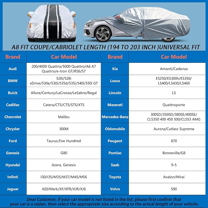 [2025 Upgrade] 10-Layer Car Cover Waterproof All Weather. Outdoor Full Exterior Covers for Lexus ES, Cadillac CT5, CTS, Audi A6, Genesis G80, BMW 520i Etc. Size A8 (Length 194 to 203 inch)