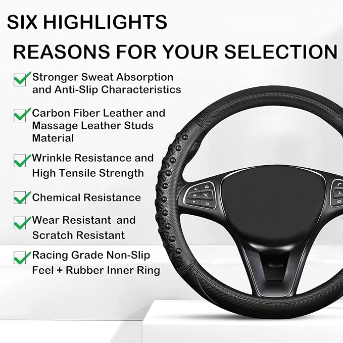 3D Massage Car Steering Wheel Cover,14.5-15 Inch Universal Black Carbon Fibre Leather Covers Breathable Anti-Slip Odorless Steering Wheels Accessories for Men Women