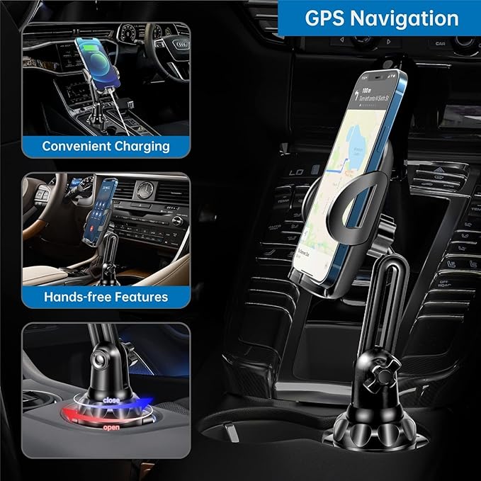 TOPGO Cup Phone Holder for Car, [No Shaking & Stable & Adjustable Pole] Car Cup Phone Mount, Compatible with iPhone 17 and All 4.0-7.0 inches Smartphones - Black