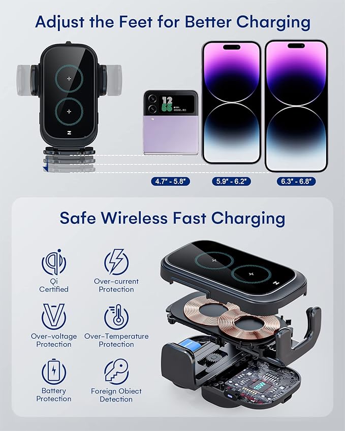 Wireless Car Charger, ZEEHOO DUOXX Dual Coils 15W Fast Charging Auto-Clamping Car Mount, Dash& Vent Wireless Car Phone Charger Holder for iPhone 15 14 13 12, Samsung Z Flip 4 3, S23+, etc