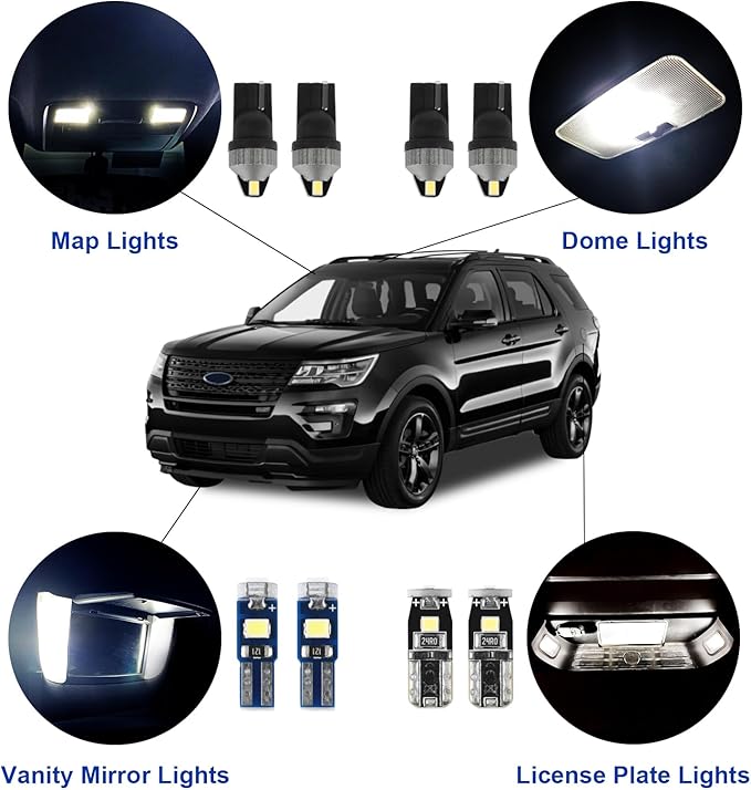 EASY EAGLE 11Pcs Car Interior Lights: Super Bright Bulbs for 2011 2012 2013 2014 2015 2016 2017 2018 2019 2020 Explorer 6000K White LED Lighting Package Kit Includes Light Accessories Install Tool