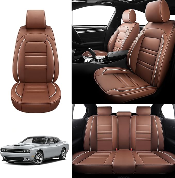 Seat Covers for Dodge Challenger 2008-2023 | 5-Seats Leather Seat Covers, Easy to Install Automotive Seat Covers Full Set (Full Set, Coffee)