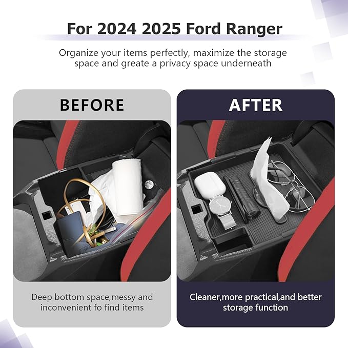 LUWU 2025 Ranger Center Console Organizer Compatible with 2024 2025 Ford Ranger Console Organizer Tray Ranger XL/XLT/Lariat/Raptor Armrest Storage w/Tissue Box 2024 2025 Ford Ranger Accessories 2PCS