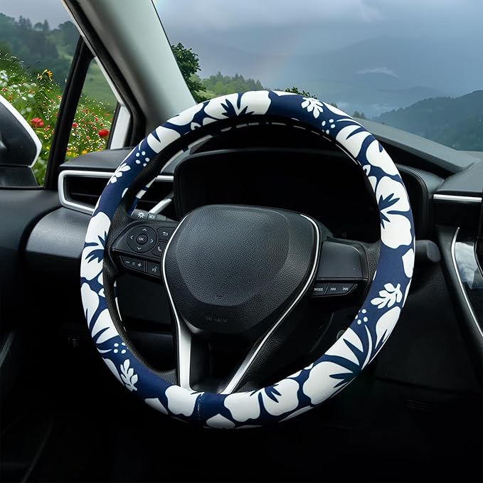 White Hibiscus Hawaii Steering Wheel Cover Auto Steering Wheel Protector, Anti-Slip, Breathable, Absorbing Sweat, Universal Floral Car Accessories 14.5–15 inch