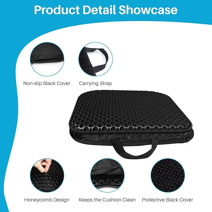 Gel Seat Cushion for Long Sitting With handle-Large & Thick & Soft & Breathable-Gel Cushion for Wheelchair, Gel Chair Cushion for Hip Pain, Gel Seat Cushion for Office Chair (Black, 18 x 17 inches)