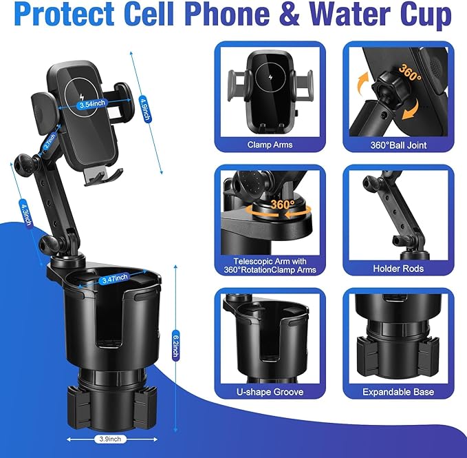 This Hill Cup Holder Phone Charger, 15W Fast Charging Auto Clamping, Phone Holder for Cup Holder Charger with Adjustable Base & 360° Rotation Compatible for All Smartphones(with Car Adapter)