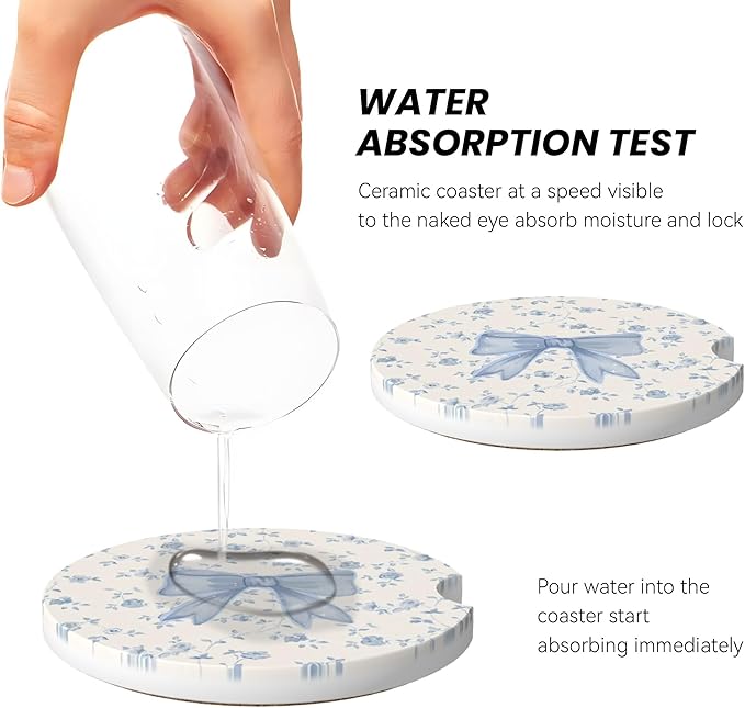 Absorbent Car Coasters for Cup Holders, 2 Pack Universal Anti Slip Ceramic Cup Coaster for Women Men 2.56 Inch Car Interior Accessories - Blue Bow Tie Flower