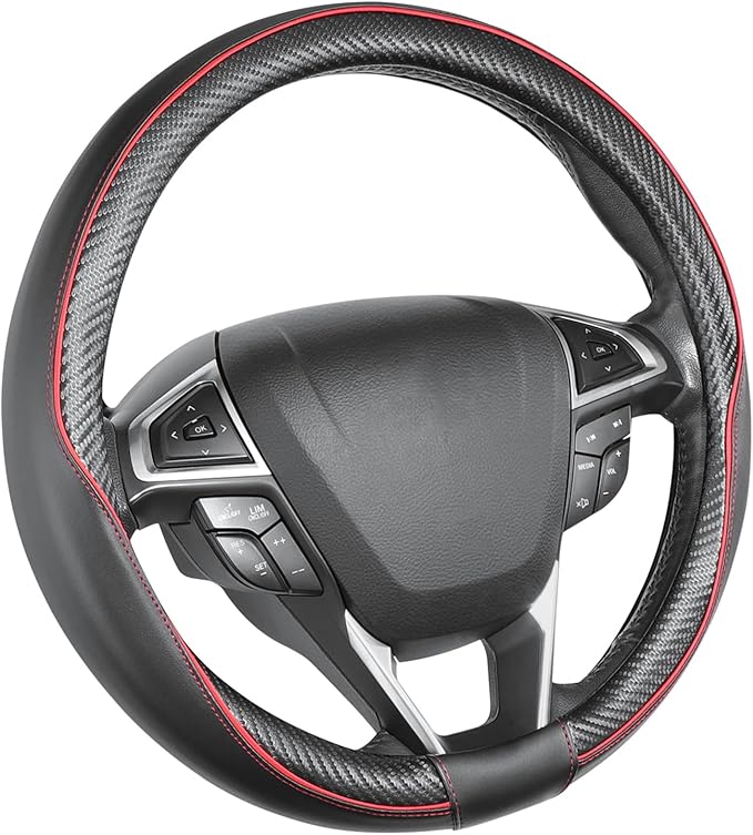 SEG Direct Car Steering Wheel Cover Universal Standard Size 14 1/2"-15" Leather with Carbon Fiber Pattern Black and Red