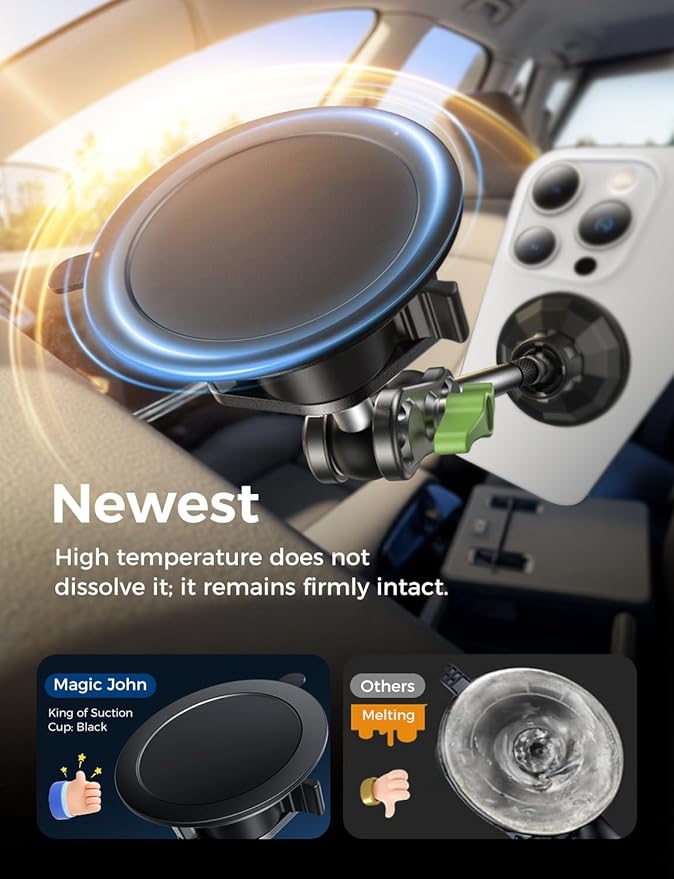 MAGIC JOHN Magnetic Car Phone Holder [Strong Suction&Strong Magnetic] 360° Adjustable Car Phone Mount for Windshield, Ultra-Durable Metal, Suction Cup Car Phone Mount for iPhone Samsung All Smartphone