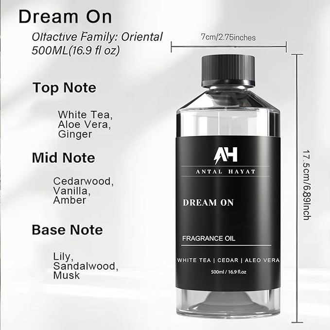 Dream on Essential Oil Scent 500mL - Luxury Home Aromatherapy Diffuser Oil - Formulated with Hints of Bright White Tea, Sweet Vanilla, & Earthy Cedar - Inspired by One Hotel Miami Beach