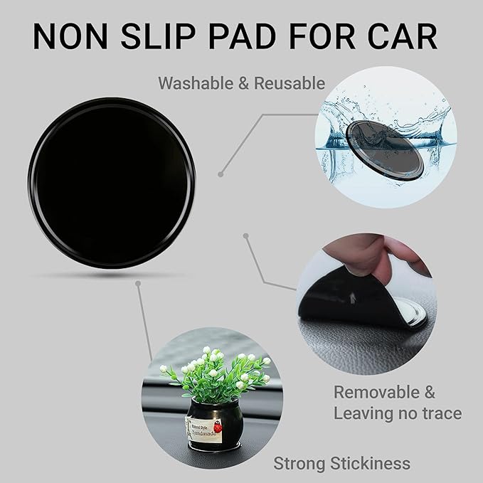 12-Pack Anti-Slip Dashboard Mats for Car - 6 Rectangular & 6 Circular Rubber Pads for Phones, Sunglasses, Keys - Heat Resistant & Reusable Car Grip Mat (Black)