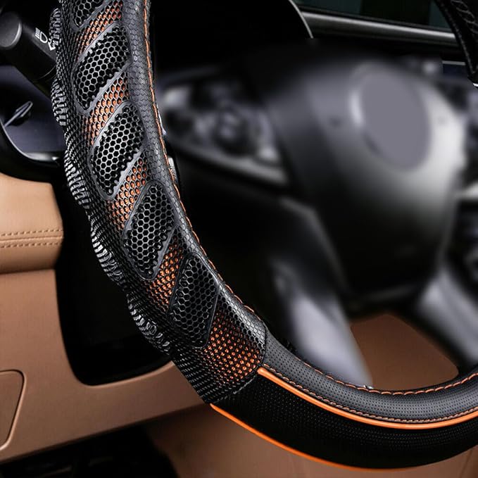 Flying Banner car Steering Wheel Cover Faux Leather Massage Universal fit 3D Honeycomb Hole Anti-Slip Sporty 15 Inches (Orange Black)