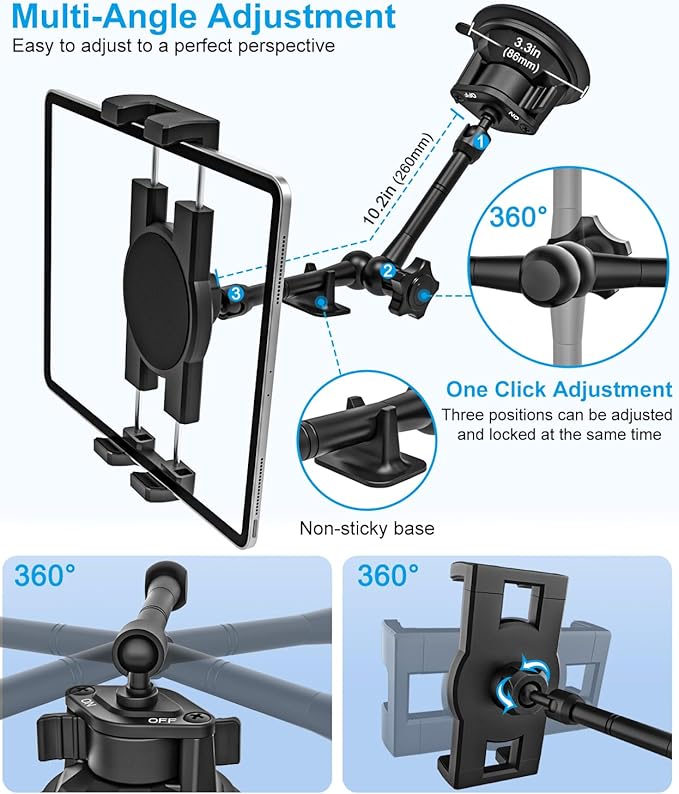GDZN Suction Cup Tablet Mount for Car, Dashboard Windshield Tablet Holder for Truck/Pickup, Heavy Duty Metal Window iPad Mount for iPad Pro 12.9 Air Mini, Galaxy Tab, iPhone 17, 4.7-13" Devices