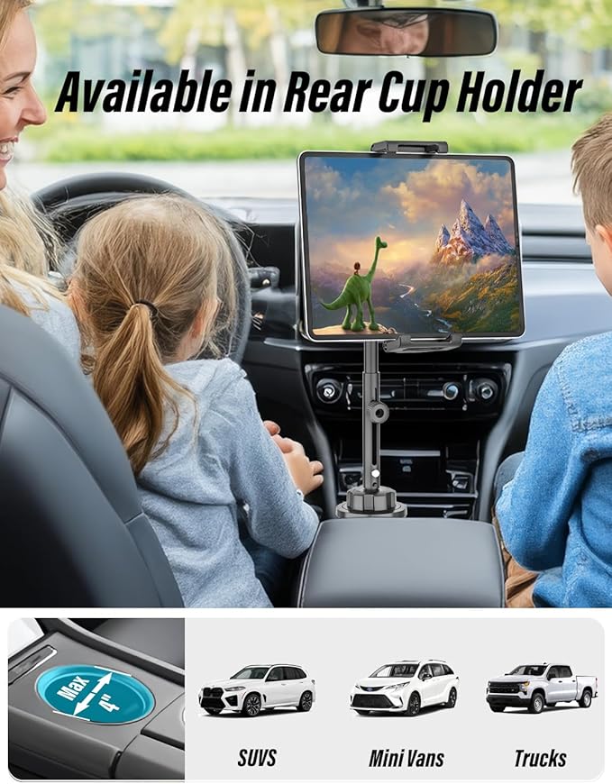 Aluminum Cup Holder Car Tablet Mount - [16" Height Adjustable] [Thick Case Friendly] Heavy Duty Truck Tablet Holder for Car Mount Accessories, for iPad Pro Air Mini, iPhone, Galaxy Tab, 6-15.6 Devices