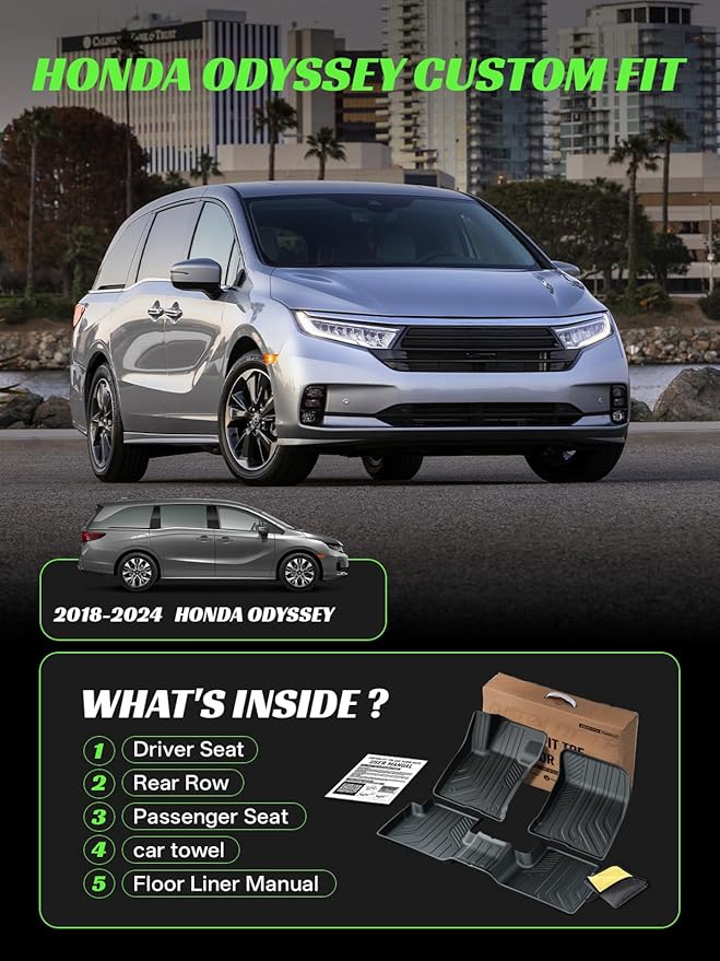 TPE Floor Mats & Trunk Mat for Honda Odyssey 2018-2026 Mini Passenger Van, All Weather Car Floor Liners-1st & 2nd & 3rd Row & Cargo Mat Full Set,Durable, Odorless, Easy to Clean (5-Piece Set, Black)