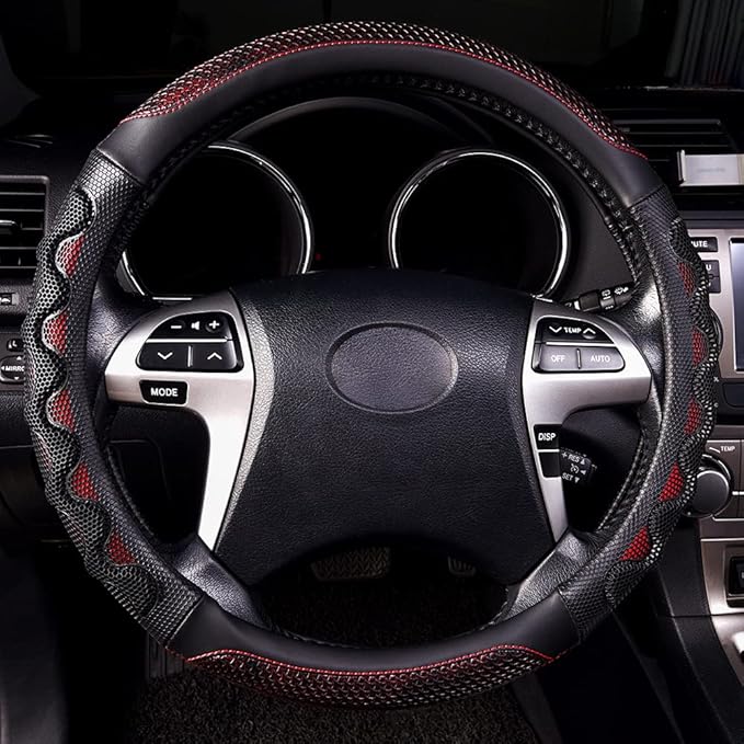 Flying Banner car Steering Wheel Cover Faux Leather Massage Universal fit 3D Honeycomb Hole Anti-Slip Sporty 15 Inches (Red with Black)