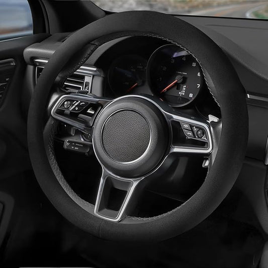 Suede Steering Wheel Cover with Upgraded Silicone Inner Ring, Anti Heat, Breathable, Anti-Slip, Leather Universal 14.5 to 15 inch Steering Wheel Cover (Pure Black)