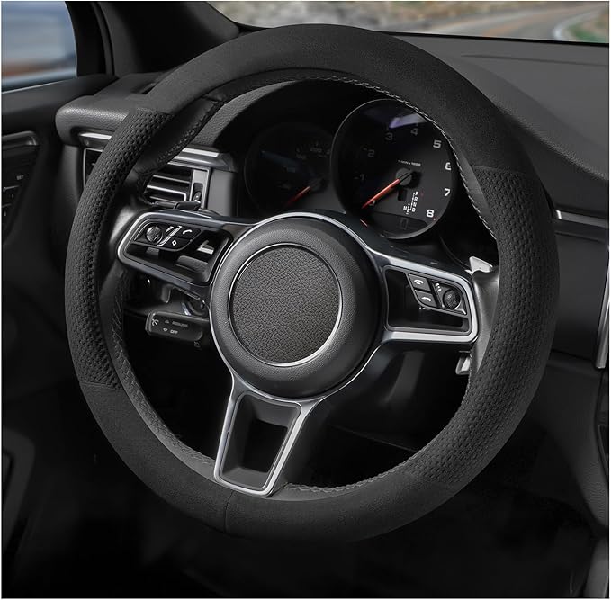 Suede Steering Wheel Cover with Upgraded Silicone Inner Ring, Breathable, Anti-Slip, Leather Universal 14.5 to 15 Inch Steering Wheel Cover (Black with Embossing Pattern)