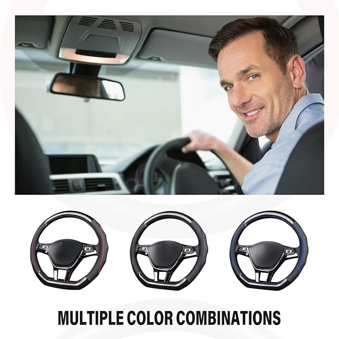 Ergocar Car Steering Wheel Cover Non-Slip Car Steering Wheel Protector Sport D-Shape Carbon Fiber & First Layer Cowhide Universal for Diameter 38cm(15") (D-Black-Blue)