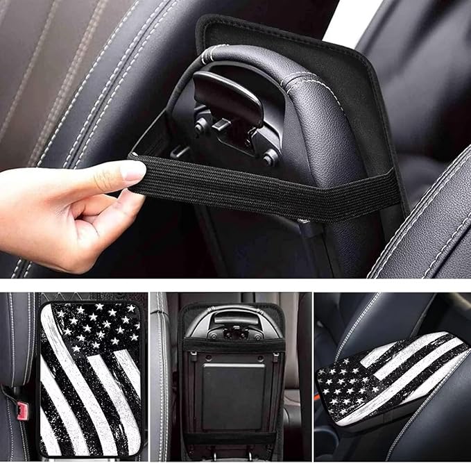 Auto Center Console Pad,Soft Waterproof Car Center Console Cover Auto Armrest Seat Box Cover Protector for Most Vehicle SUV Truck Car, Black White American Flag