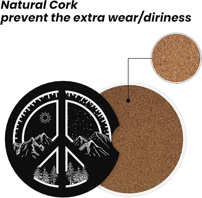 Absorbent Car Coasters for Cup Holders, 2 Pack Universal Anti Slip Ceramic Cup Coaster for Women Men 2.56 Inch Car Interior Accessories - Peace Mountain 017