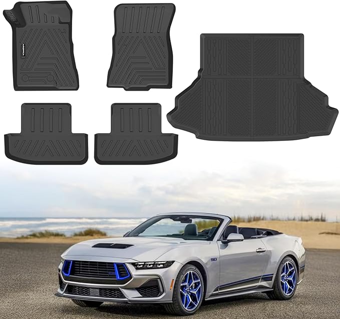 All Weather Floor Mats Cargo Liner for Ford Mustang 2015-2025 (NOT for Mach-E), TPE Rubber Floor Liners Anti-Slip Full Set Automotive Mats for 2025 Ford Mustang Accessories