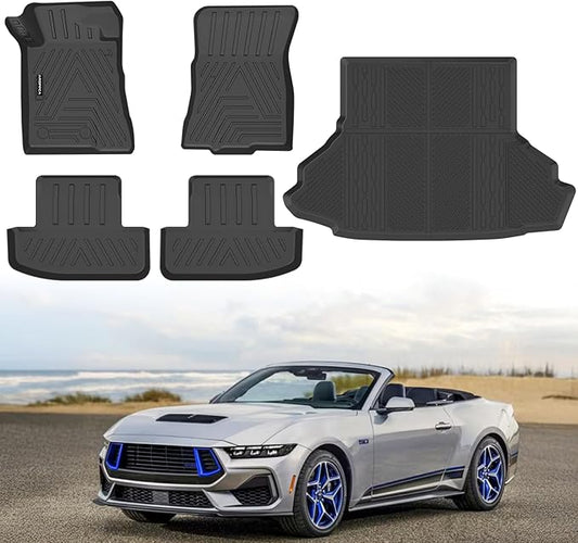 All Weather Floor Mats Cargo Liner for Ford Mustang 2015-2025 (NOT for Mach-E), TPE Rubber Floor Liners Anti-Slip Full Set Automotive Mats for 2025 Ford Mustang Accessories