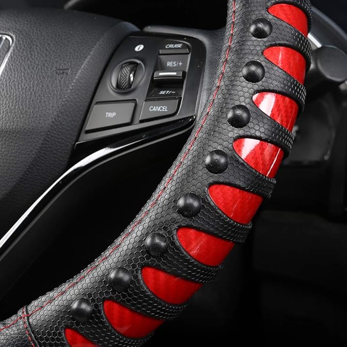 West Llama Microfiber Leather Car Steering Wheel Cover for Men Women,Universal Fit 15.5-16 inchs(Leather Nails-Red+Black-Large Size)