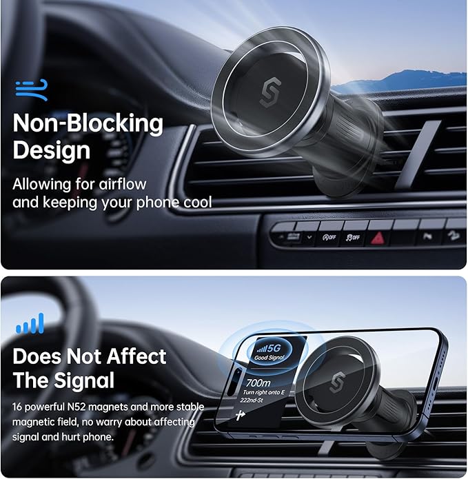 SYNCWIRE for MagSafe Car Mount, Flexible Rotation Magnetic Phone Holder for Car Vent, Hands Free Car Air Vent Phone Holder Clip Universal Compatible with iPhone 17 Pro Max 16 15 14 13 12 MagSafe Case