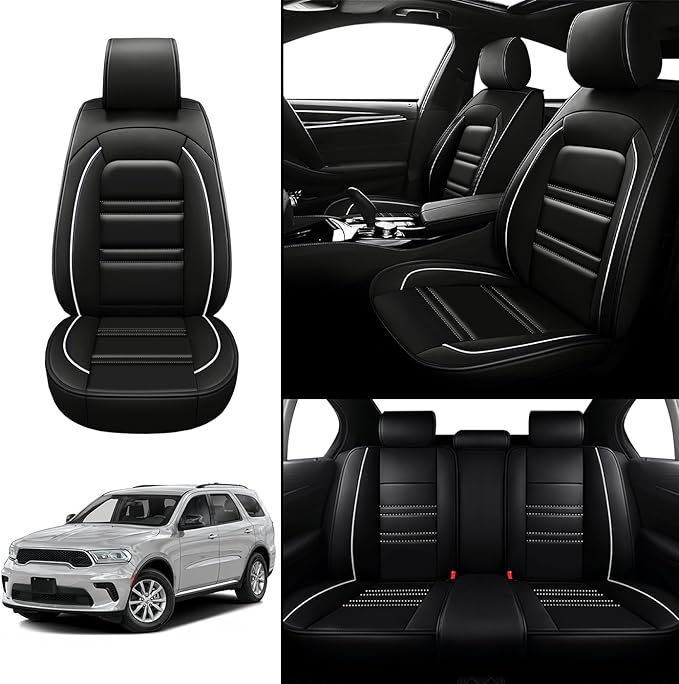 Seat Covers for Dodge Durango 2004-2025 | 5-Seats Leather Seat Covers, Easy to Install Automotive Seat Covers Full Set (Full Set, Black&White Line)