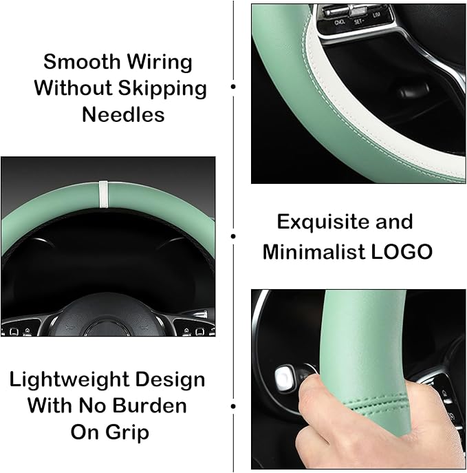 Green & White Nappa Leather Steering Wheel Cover, Cute Car Steering Wheel Cover for Men Women, 14.5-15 Inch Non-Slip Breathable Microfiber Leather Car Steering Wheel Protector