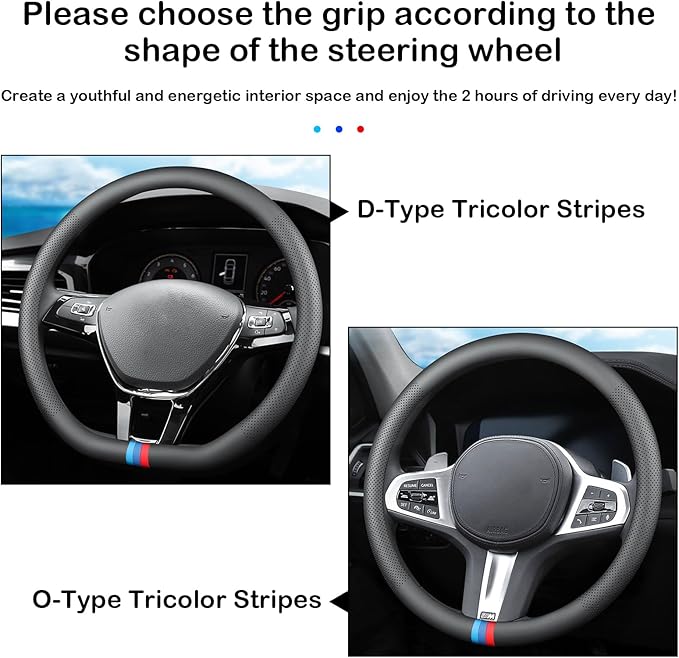 Tricolor Stripes D-Type Steering Wheel Cover, Cute Steering Wheel Cover for Women, 14.5-15 Inch Non-Slip Breathable Microfiber Car Steering Wheel Protector