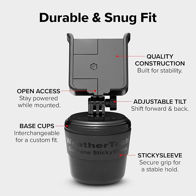 WeatherTech CupFone, Universal Cup Holder Phone Mount for Cars – Adjustable & Secure Fit with Open Access for Charging – Compatible with iPhone, Android - Metal Knobs, Graphite