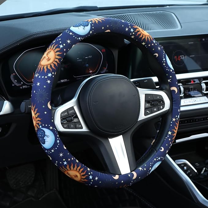 Astrology Sun Moon Celestial Steering Wheel Cover Auto Steering Wheel Protector, Anti-Slip, Breathable, Absorbing Sweat, Universal Car Accessories 14.5–15 inch,Fit for Most Car, Trucks, SUV