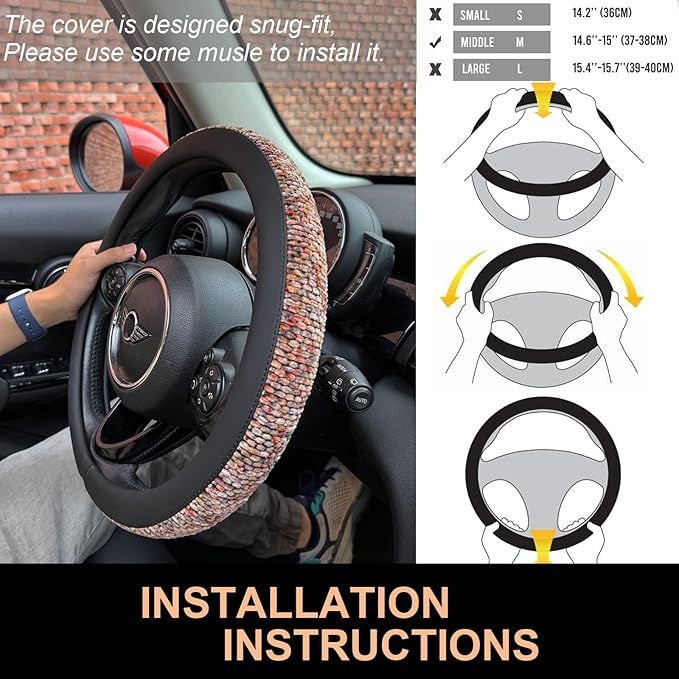 PINCTROT Chenille Leather Steering Wheel Cover, Soft Mottled Colors, Sweat-Proof, Non-Slip Grip, All-Season Comfort, Universal 14.5-15 Inch(Mottled Red)