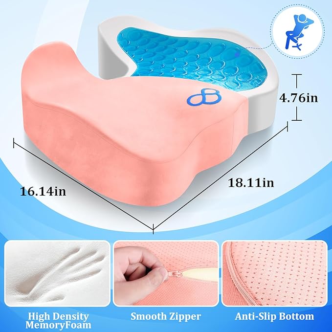 Seat Cushion, Chair Cushions, Office Chair Cushions, Anti-Slip Bottom & Removable Cover Tailbone Pain Relief Cushion, Memory Foam Seat Cushion for Office, Wheelchair, Car (Pink)