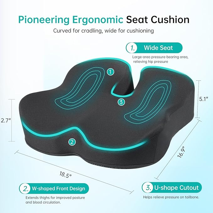 Seat Cushion, Extra Large Memory Foam Seat Cushion for Office Chair, Car Seat, Airplane, Relieving Hip Pressure, Coccyx and Sciatica Pain for Long Sitting (Black)
