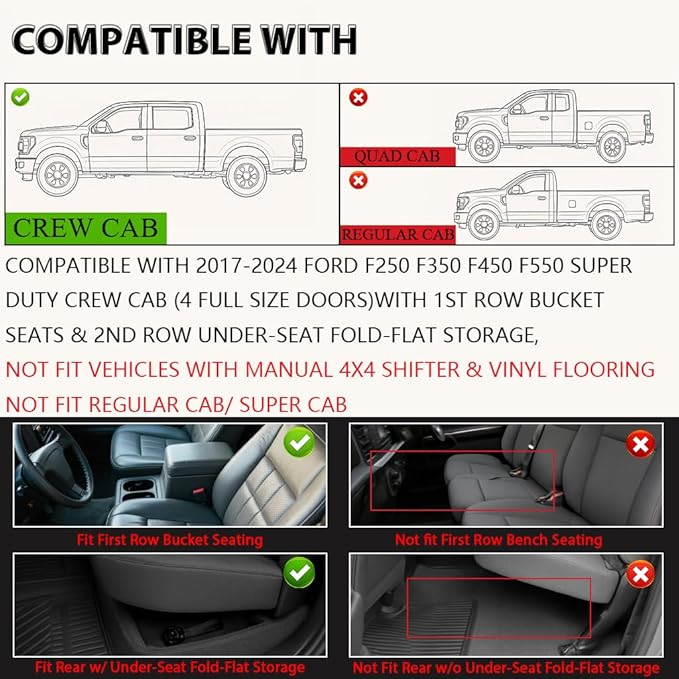 ANDPLAY TPE Floor Mats Liners Fit Ford F250 F350 F450 F550 Super Duty Crew Cab (4 Full Size Doors) 2017-2024 W/ 1st Row Bucket Seats & 2nd Row Under-Seat Fold-Flat Storage alfombras para carro