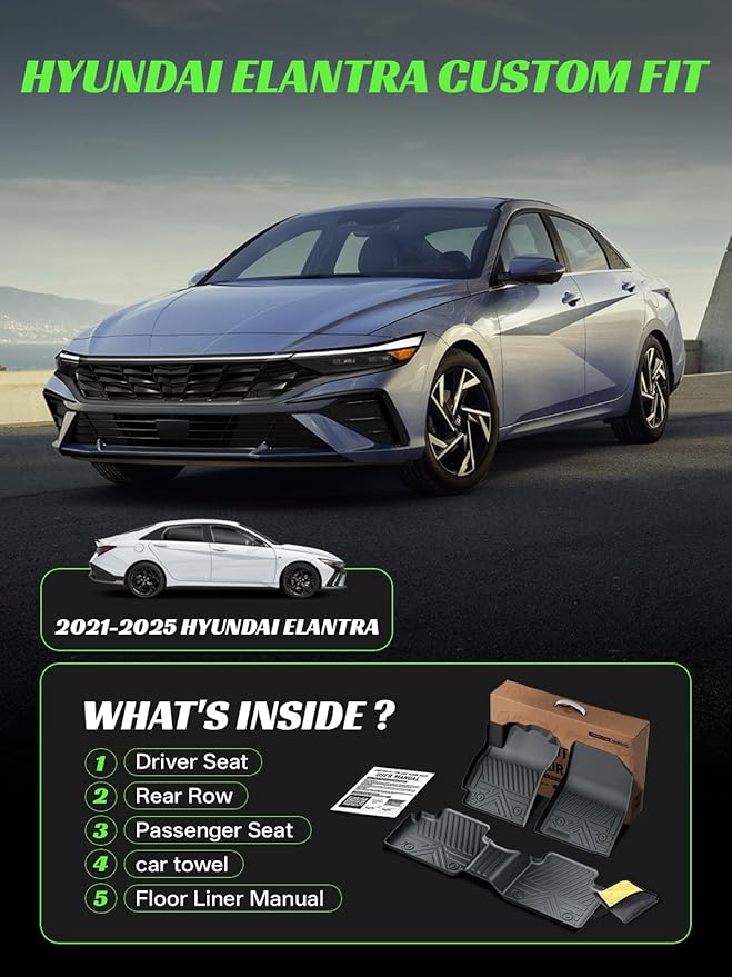 TPE All-Weather Floor Mats for Elantra 2021-2025 (Not for Hybrid) & Elantra N 2022-2025 | Custom Fit Heavy Duty Truck Floor Liners|Front & Rear Row Protection|Odorless, 3-Pcs Set Black