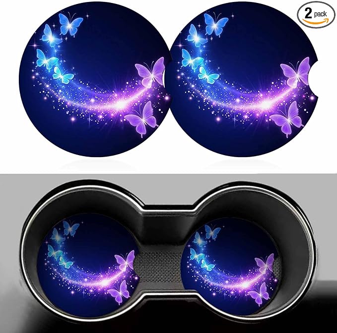 Purple Blue Butterfly Car Cup Holder Coaster 2 Pack Absorbent Ceramic Car Coasters for Cup Holders Car Accessories Interior for Women Men Universal Anti Slip Cork Base Cup Coasters with Finger Notch
