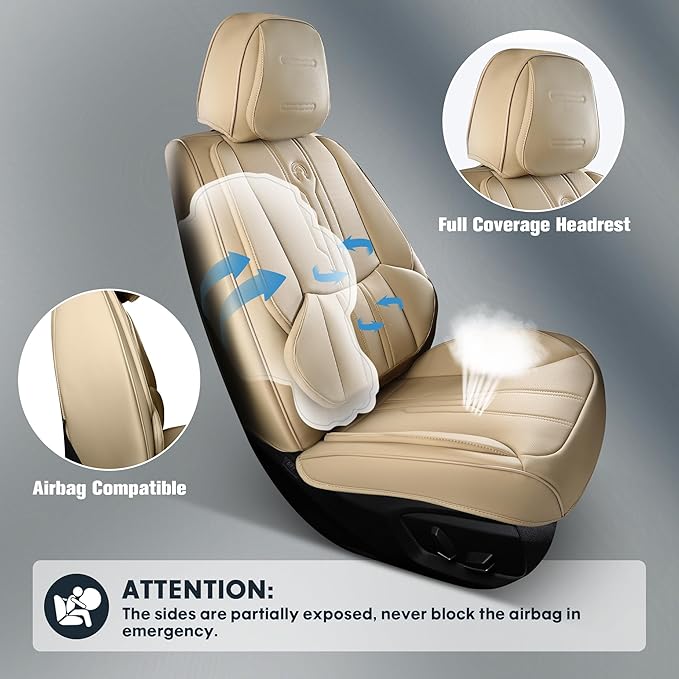 AOOG Front Seat Covers, Car Seat Covers Front Seats, Leather Seat Covers for Cars, Waterproof Seat Covers with Lumbar Support Universal Fit for Most Cars SUV Trucks(Front Pair, Beige)