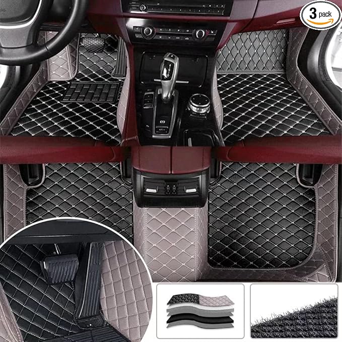 YaruicarCustom Car Floor Mats for 99.99% Sedan SUV Sports Car Men Women Protection Full Coverage Pads Anti-Slip Leather Floor Lining All Weather Car Floor Mats (Gray Black)