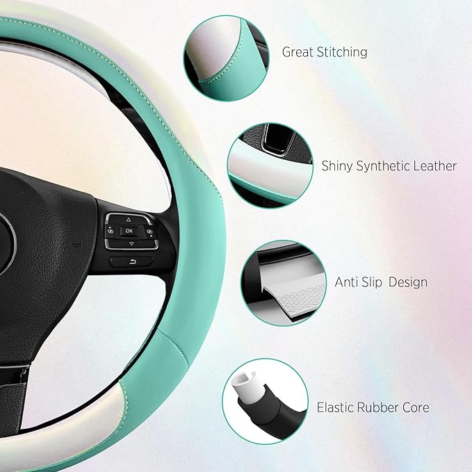 Road Comforts Steering Wheel Cover – Breathable Leather Steering Wheel Cover, Anti-Slip Grip, Universal Fit 14.5” to 15”, Heat & Cold Resistant for Cars, SUVs, and Trucks –Shining White & Mint