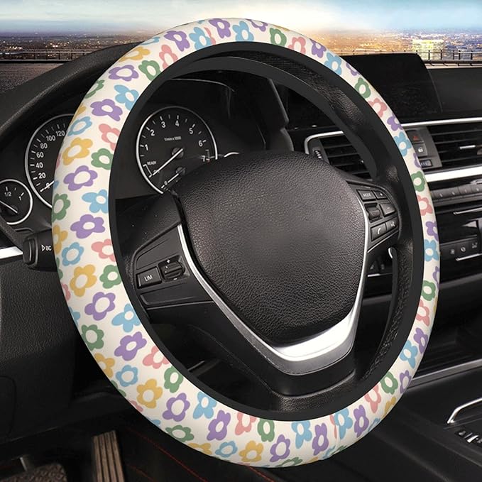 Abstract Colorful Floral Flowers Steering Wheel Cover for Women, Anti-Slip Elastic Breathable Soft Rubber Car Steering Wheel Protective Cover, Universal 15 Inch Fit for Cars, Auto, SUVs